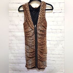 Poof Couture Leopard Print Zipper Front Ruched Dress Size Medium
